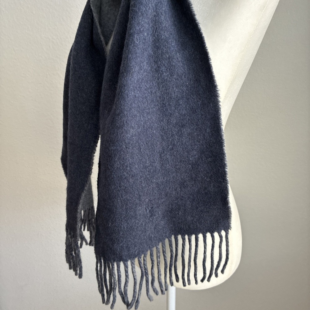 Vintage Polo Ralph Lauren Grey & Blue Reversible Lambswool Blend Fringe Scarf - Picture 7 of 13